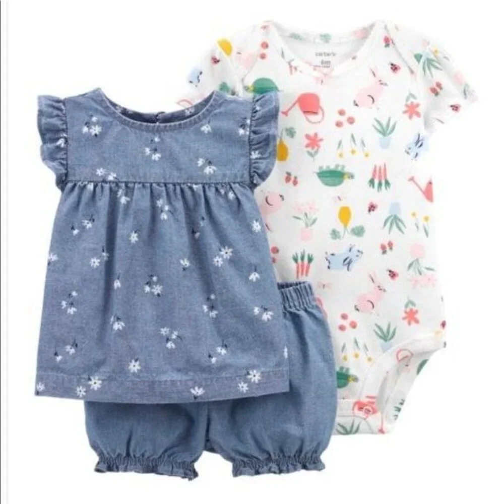 Carter’s Baby girl 3 Pc Set Body Suit, Shorts, Blouse Set 3 M (#5501)